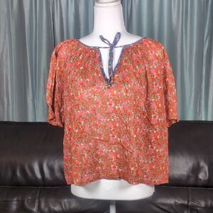 NATURAL LIFE Red Floral Blouse with Blue Accents NWT